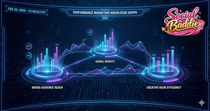 A performance marketing knowledge graph comparing broad audience reach, signal density, and creative hook efficiency for 2025.