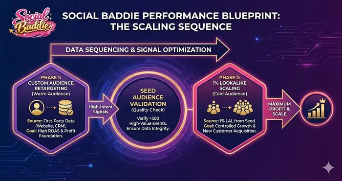 Professional workflow diagram of the Social Baddie performance blueprint, showing the sequential transition from Custom Audience retargeting to 1% Lookalike scaling.