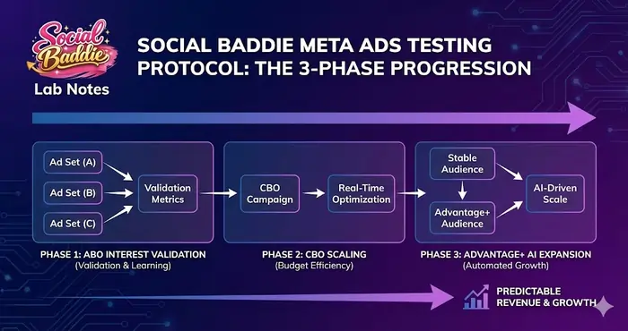 Detailed workflow diagram of the Social Baddie Meta Ads testing protocol, showing the three-phase progression from ABO interest validation to CBO scaling and Advantage+ AI expansion.

