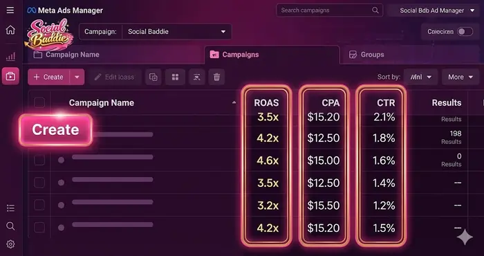 A screenshot of the Meta Ads Manager dashboard highlighting the 'Create' button and the performance columns for ROAS, CPA, and CTR.