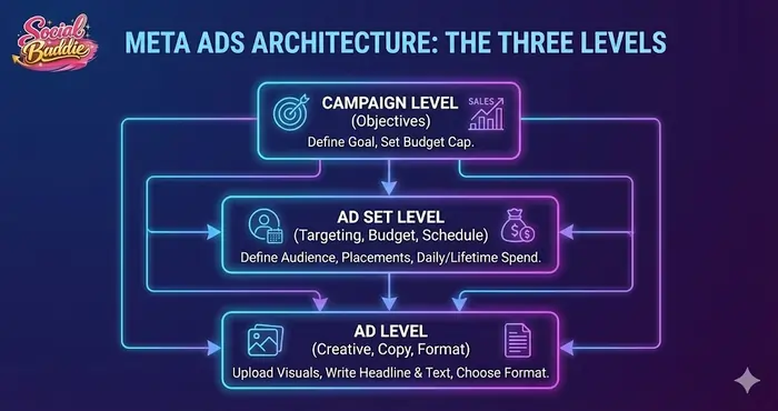 A diagram showing the three levels of Meta Ads architecture: Campaign level for objectives, Ad Set level for targeting and budget, and Ad level for creative and copy.