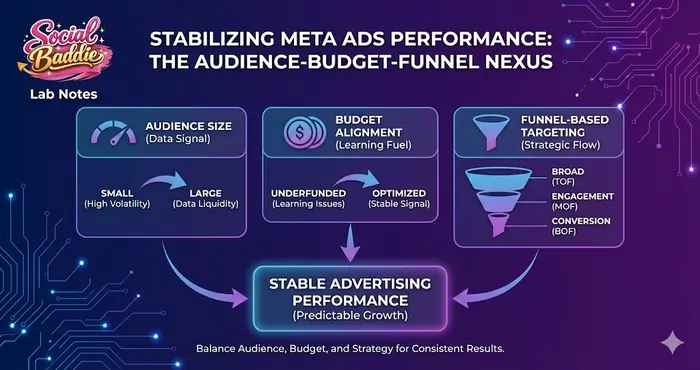 Detailed infographic for Social Baddie Lab Notes showing the relationship between audience size, budget alignment, and funnel-based targeting strategy to stabilize Meta advertising performance.