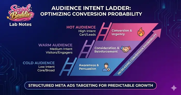 Professional infographic for Social Baddie Lab Notes illustrating the Audience Intent Ladder to optimize conversion probability through structured Meta Ads targeting.
