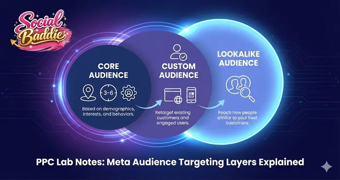 Infographic explaining Meta's audience targeting layers including Core, Custom, and Lookalike audience segments.