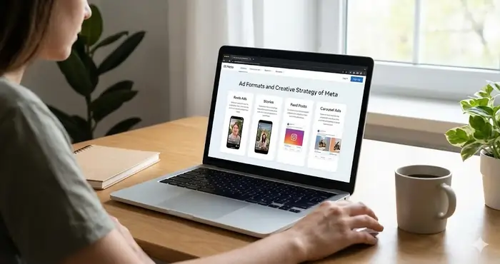 Marketer analyzing Facebook and Instagram ad performance metrics including reach, clicks, and conversions in Meta Ads Manager.