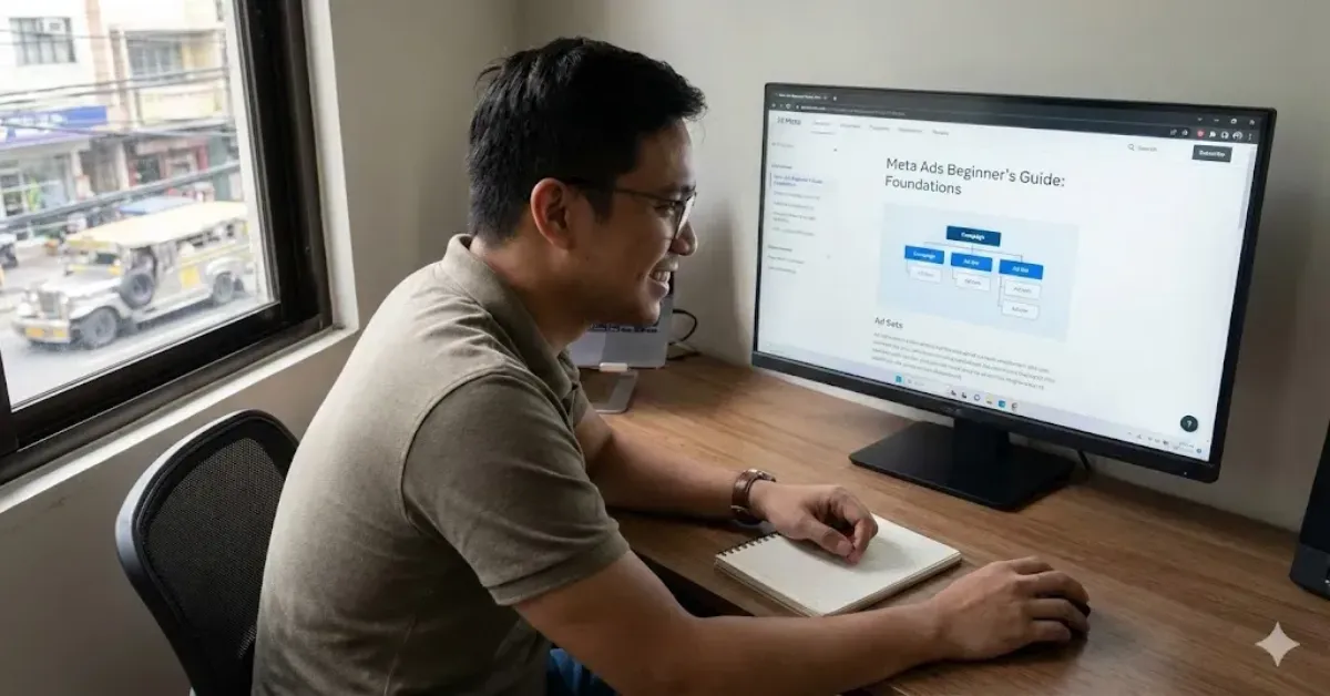 Screenshot of Meta Ads Foundations dashboard showing campaign, ad set, and ad structure for Facebook and Instagram advertising.