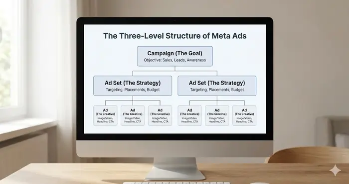 Step-by-step Meta advertising funnel illustrating awareness, consideration, and conversion stages for Facebook and Instagram ads.