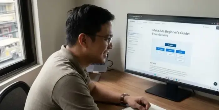 Beginner overview of Meta Ads Manager showing Facebook and Instagram ad setup dashboard on desktop screen.