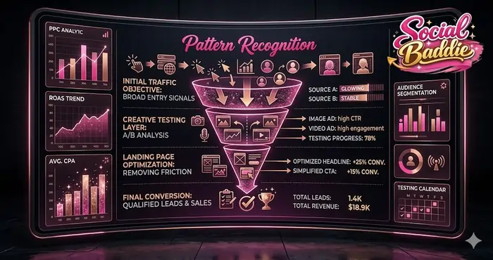 Digital marketing funnel diagram illustrating the strategic path from click to lead for small budget Meta Ads campaigns.