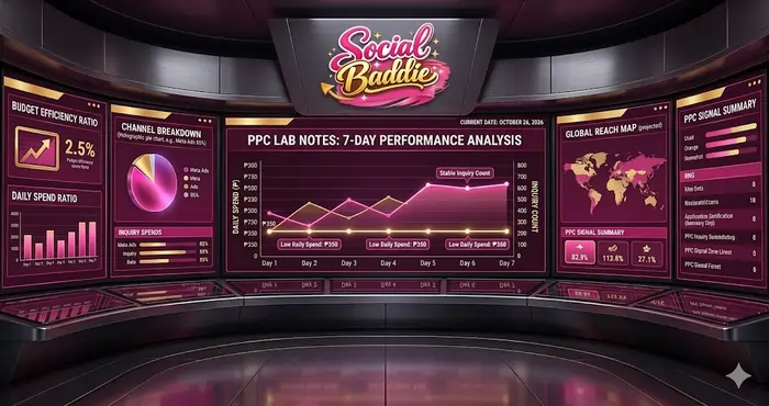 Meta Ads Case Study for Small Budget. Meta Ads performance dashboard showing ₱350 daily spend and beginner lead conversion metrics for Social Baddie.