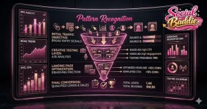 Digital marketing funnel diagram illustrating the strategic path from click to lead for small budget Meta Ads campaigns.