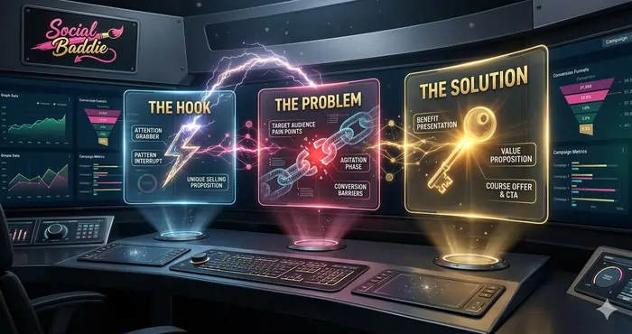 Meta ads creative strategy framework illustrating the hook problem solution ad copy model